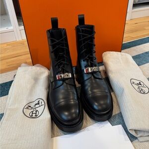 Hermes Funk Ankle Boot - Black Leather Combat Boots